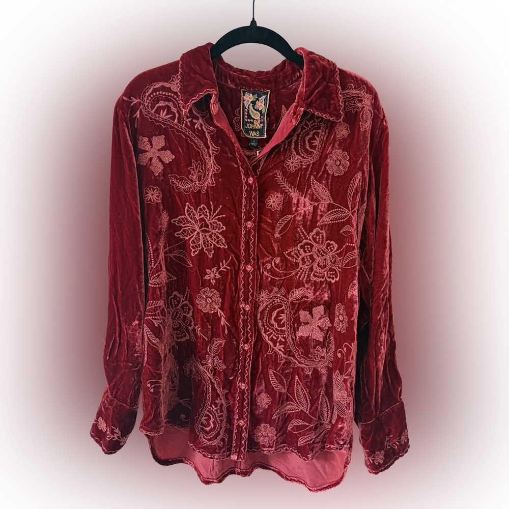 Johnny Was - Velvet Relaxed Heavily Embroidered Button Up Shirt - NWT - Size S